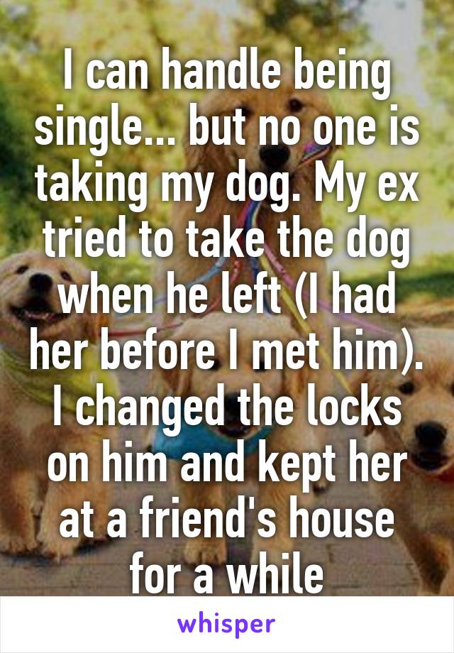 I can handle being single... but no one is taking my dog. My ex tried to take the dog when he left (I had her before I met him). I changed the locks on him and kept her at a friend's house for a while