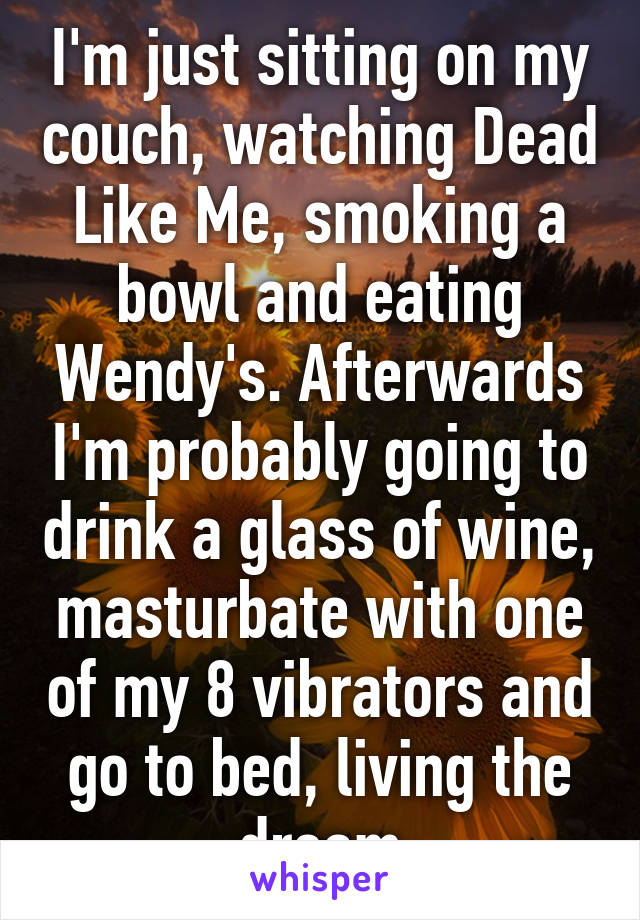 I'm just sitting on my couch, watching Dead Like Me, smoking a bowl and eating Wendy's. Afterwards I'm probably going to drink a glass of wine, masturbate with one of my 8 vibrators and go to bed, living the dream