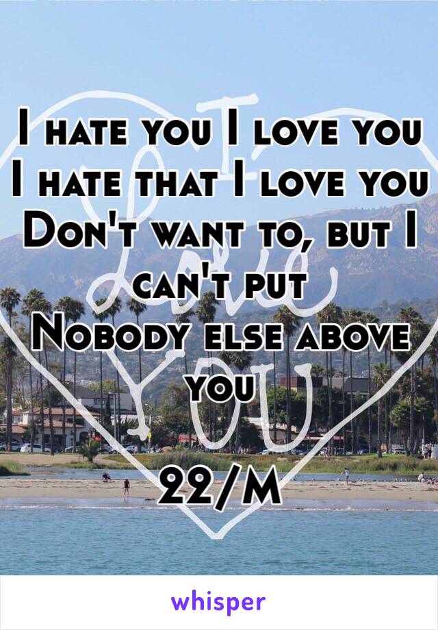 I hate you I love you
I hate that I love you
Don't want to, but I can't put
Nobody else above you

22/M