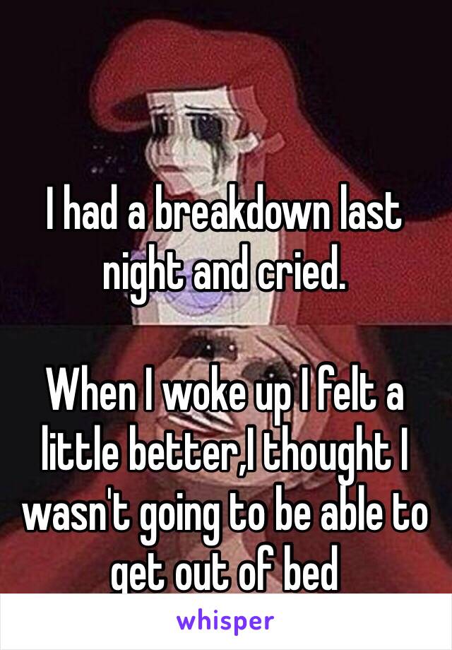 I had a breakdown last night and cried.

When I woke up I felt a little better,I thought I wasn't going to be able to get out of bed 