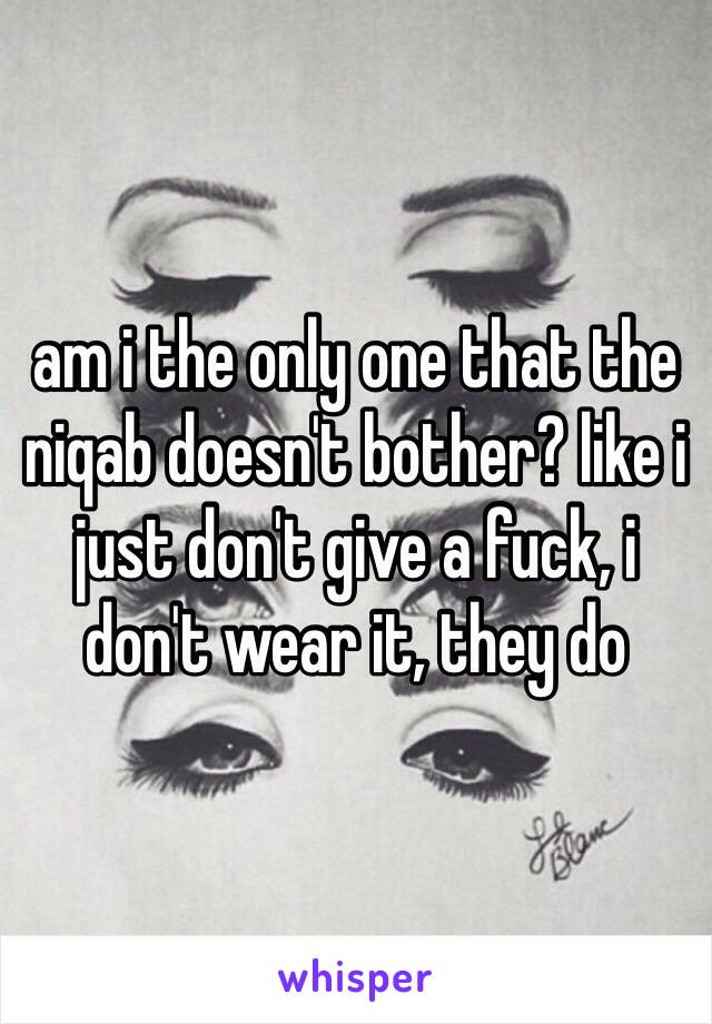 am i the only one that the niqab doesn't bother? like i just don't give a fuck, i don't wear it, they do