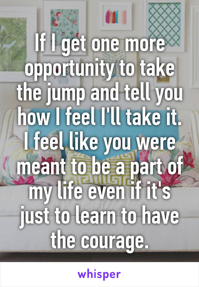 If I get one more opportunity to take the jump and tell you how I feel I'll take it. I feel like you were meant to be a part of my life even if it's just to learn to have the courage.