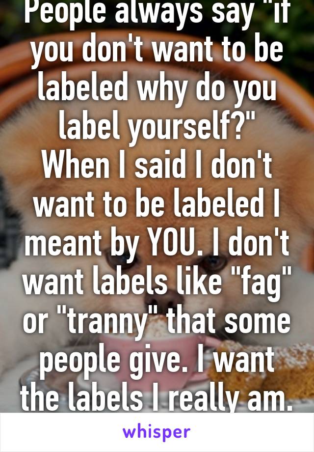 People always say "if you don't want to be labeled why do you label yourself?" When I said I don't want to be labeled I meant by YOU. I don't want labels like "fag" or "tranny" that some people give. I want the labels I really am. 