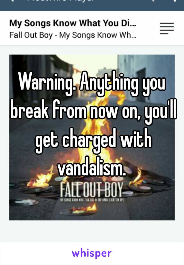 Warning. Anything you break from now on, you'll get charged with vandalism. 