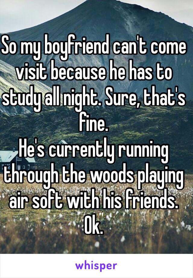 So my boyfriend can't come visit because he has to study all night. Sure, that's fine. 
He's currently running through the woods playing air soft with his friends. 
Ok. 