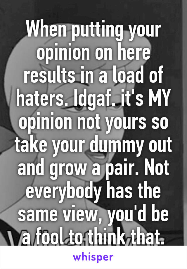 When putting your opinion on here results in a load of haters. Idgaf. it's MY opinion not yours so take your dummy out and grow a pair. Not everybody has the same view, you'd be a fool to think that.