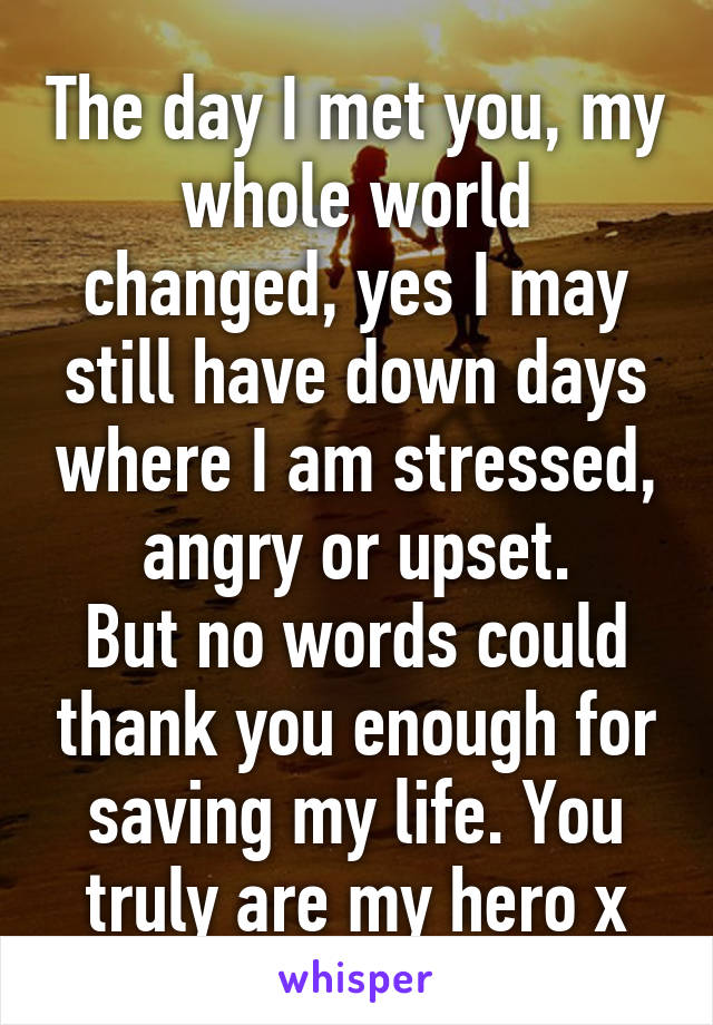 The day I met you, my whole world changed, yes I may still have down days where I am stressed, angry or upset.
But no words could thank you enough for saving my life. You truly are my hero x