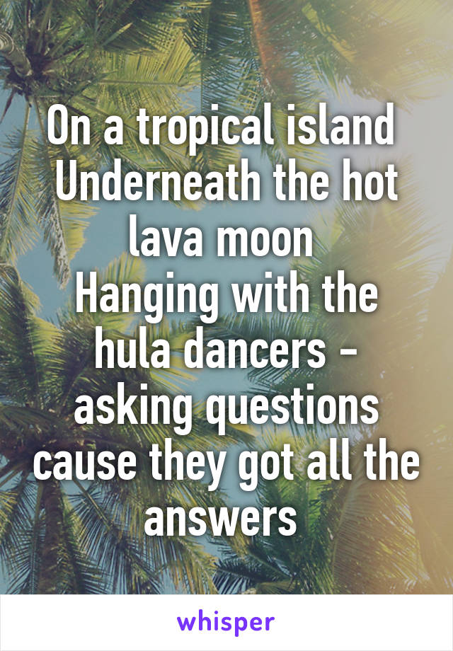 On a tropical island 
Underneath the hot lava moon 
Hanging with the hula dancers - asking questions cause they got all the answers 