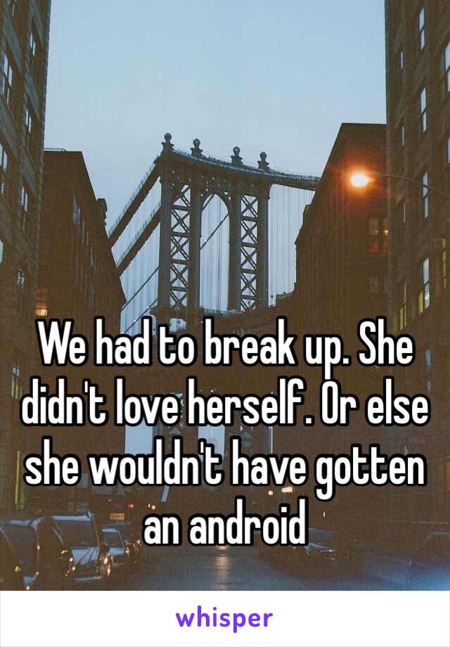 We had to break up. She didn't love herself. Or else she wouldn't have gotten an android 