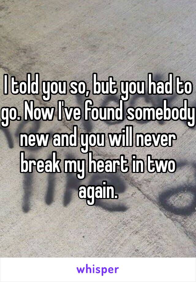 I told you so, but you had to go. Now I've found somebody new and you will never break my heart in two again. 