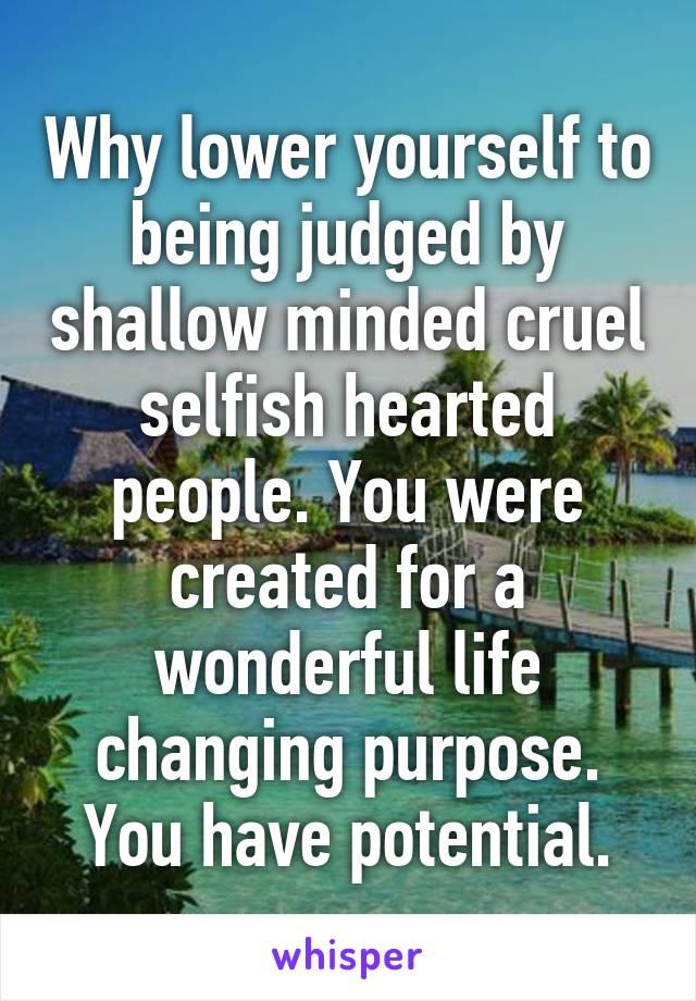 Why lower yourself to being judged by shallow minded cruel selfish hearted people. You were created for a wonderful life changing purpose. You have potential.