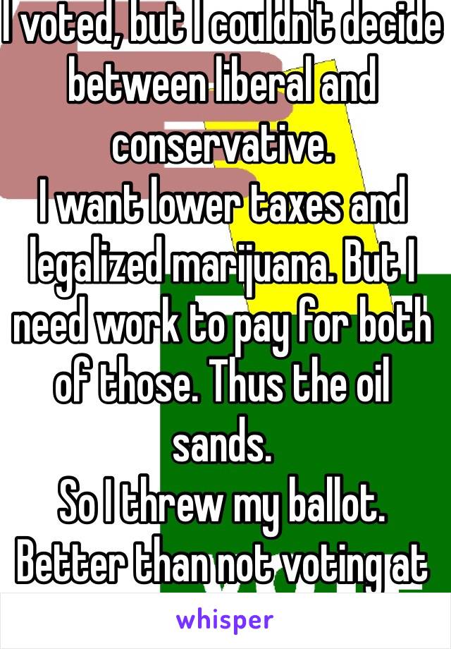 I voted, but I couldn't decide between liberal and conservative. 
I want lower taxes and legalized marijuana. But I need work to pay for both of those. Thus the oil sands.
So I threw my ballot. Better than not voting at all.