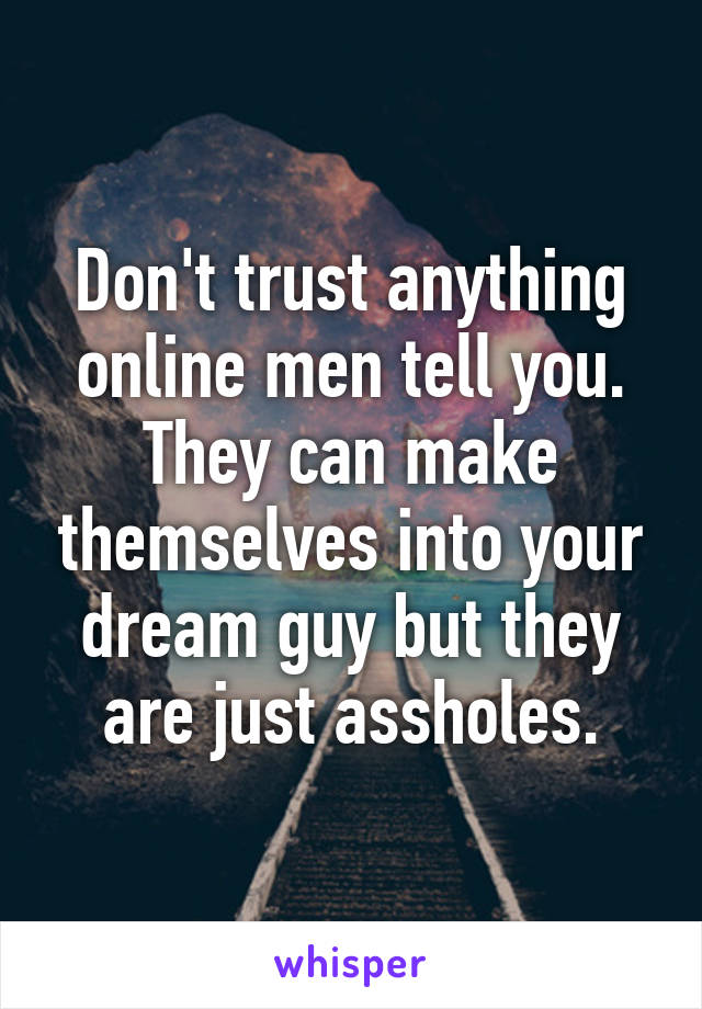 Don't trust anything online men tell you. They can make themselves into your dream guy but they are just assholes.