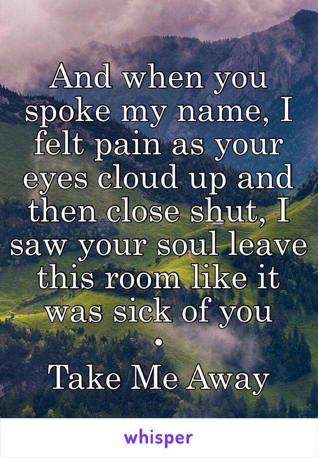 And when you spoke my name, I felt pain as your eyes cloud up and then close shut, I saw your soul leave this room like it was sick of you
•
Take Me Away
