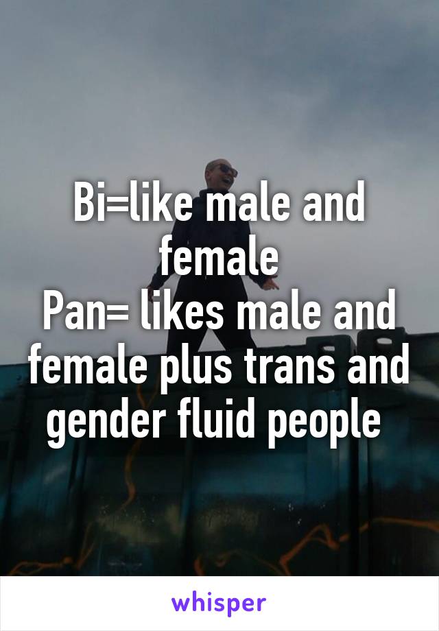 Bi=like male and female
Pan= likes male and female plus trans and gender fluid people 