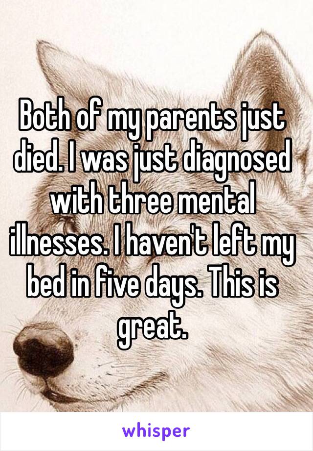 Both of my parents just died. I was just diagnosed with three mental illnesses. I haven't left my bed in five days. This is great.