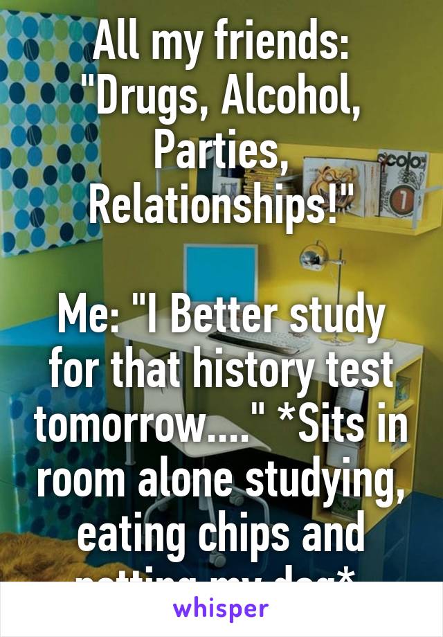 All my friends: "Drugs, Alcohol, Parties, Relationships!"

Me: "I Better study for that history test tomorrow...." *Sits in room alone studying, eating chips and petting my dog* 