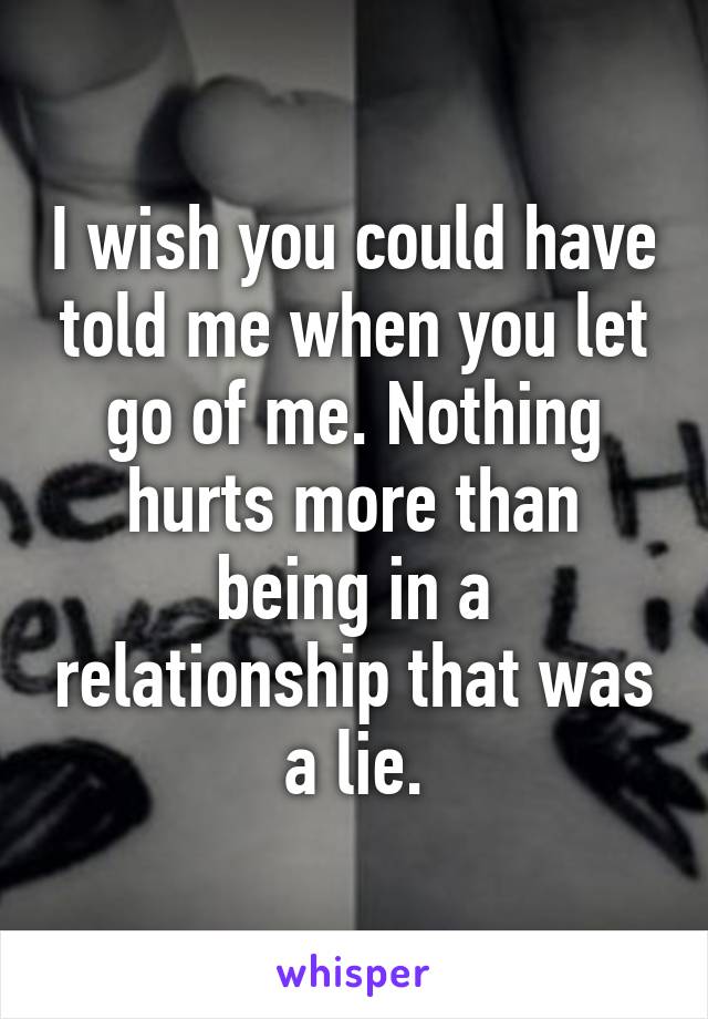 I wish you could have told me when you let go of me. Nothing hurts more than being in a relationship that was a lie.