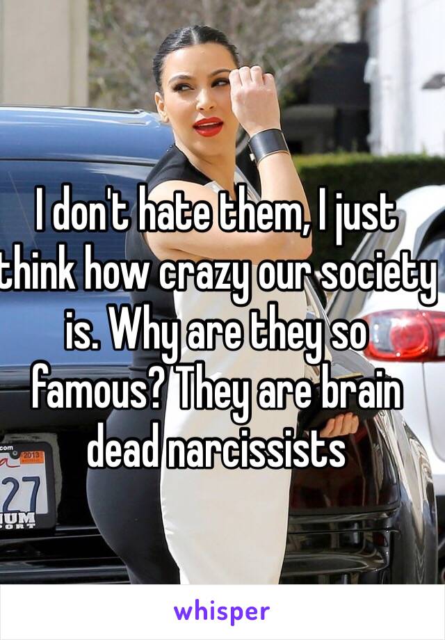 I don't hate them, I just think how crazy our society is. Why are they so famous? They are brain dead narcissists