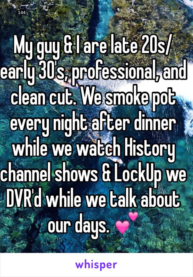 My guy & I are late 20s/early 30's, professional, and clean cut. We smoke pot every night after dinner while we watch History channel shows & LockUp we DVR'd while we talk about our days. 💕