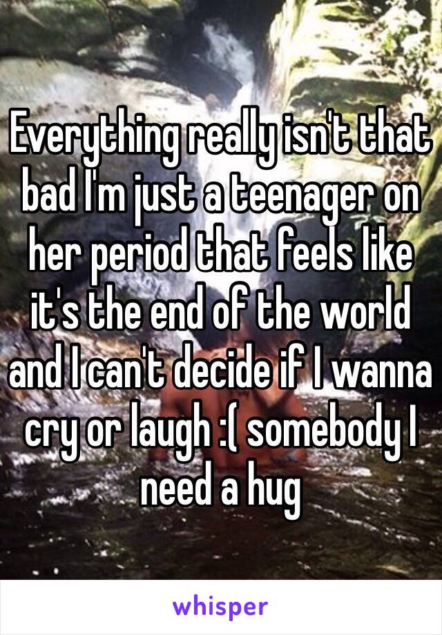 Everything really isn't that bad I'm just a teenager on her period that feels like it's the end of the world and I can't decide if I wanna cry or laugh :( somebody I need a hug