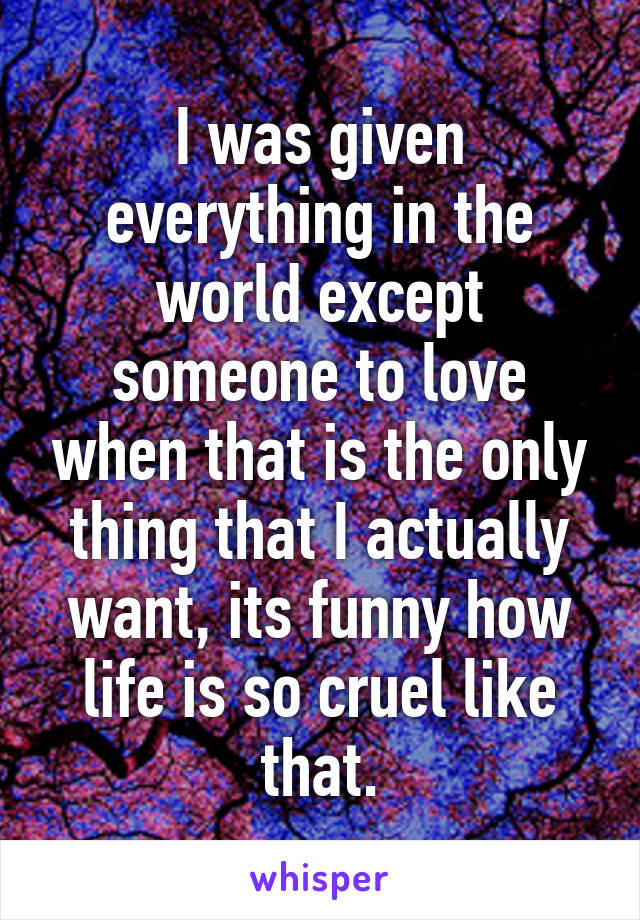 I was given everything in the world except someone to love when that is the only thing that I actually want, its funny how life is so cruel like that.