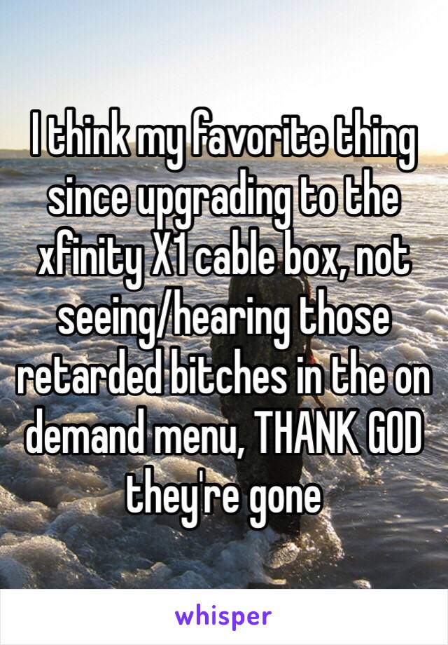 I think my favorite thing since upgrading to the xfinity X1 cable box, not seeing/hearing those retarded bitches in the on demand menu, THANK GOD they're gone