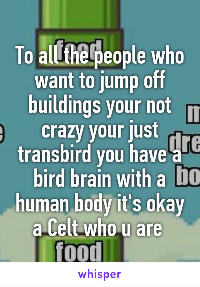 To all the people who want to jump off buildings your not crazy your just transbird you have a bird brain with a human body it's okay a Celt who u are 