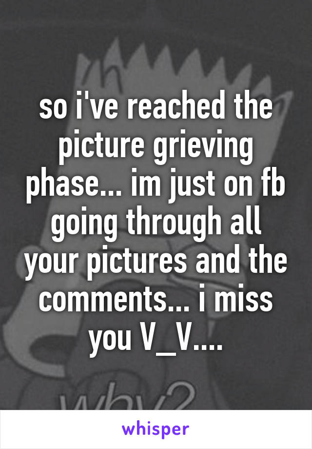 so i've reached the picture grieving phase... im just on fb going through all your pictures and the comments... i miss you V_V....