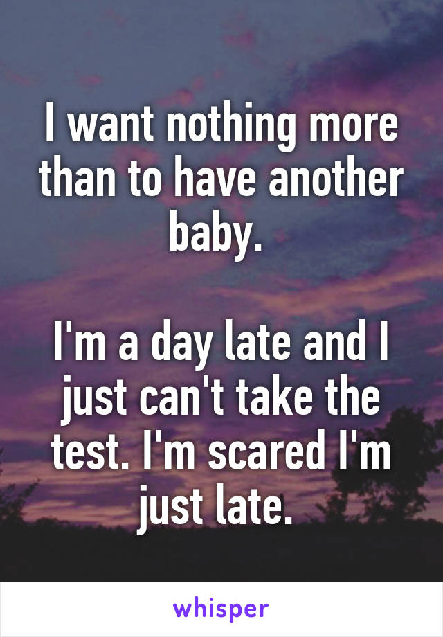 I want nothing more than to have another baby. 

I'm a day late and I just can't take the test. I'm scared I'm just late. 