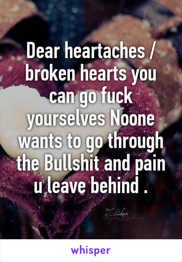 Dear heartaches / broken hearts you can go fuck yourselves Noone wants to go through the Bullshit and pain u leave behind .
