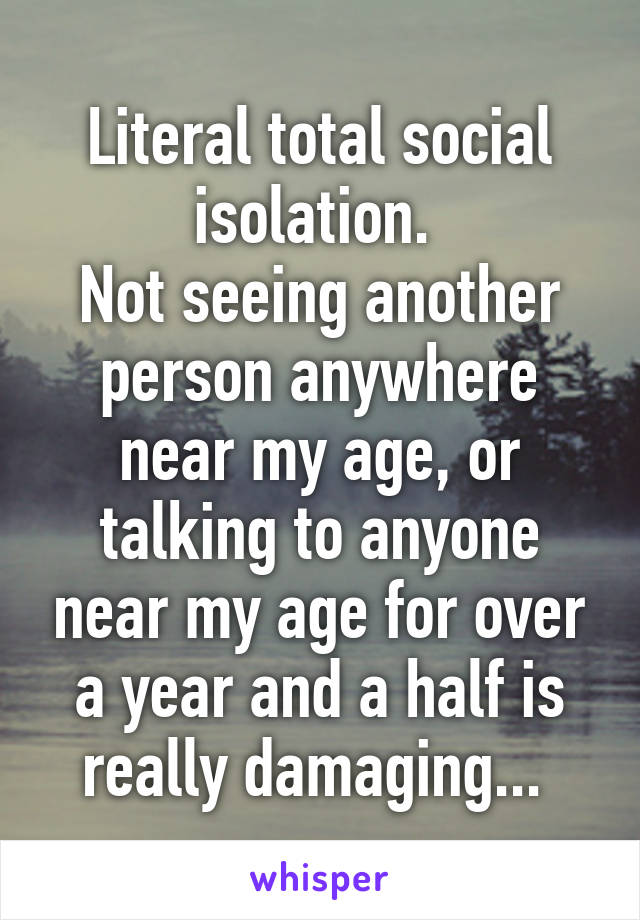 Literal total social isolation. 
Not seeing another person anywhere near my age, or talking to anyone near my age for over a year and a half is really damaging... 