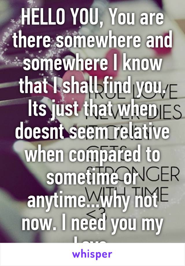 HELLO YOU, You are there somewhere and somewhere I know that I shall find you. Its just that when doesnt seem relative when compared to sometime or anytime...why not now. I need you my Love.