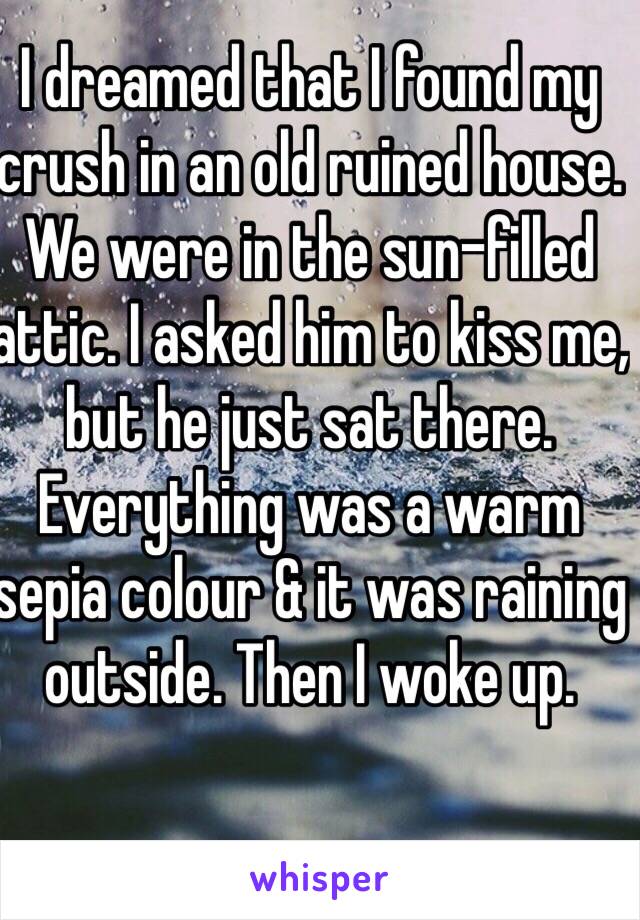 I dreamed that I found my crush in an old ruined house. We were in the sun-filled attic. I asked him to kiss me,
but he just sat there. Everything was a warm sepia colour & it was raining outside. Then I woke up.