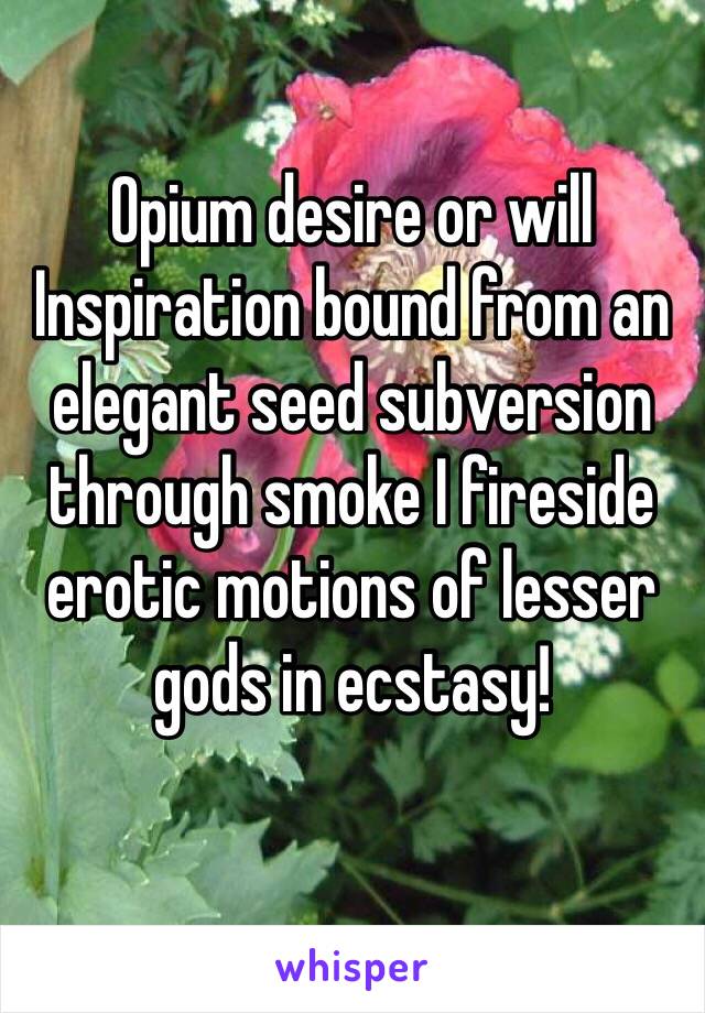 Opium desire or will
Inspiration bound from an elegant seed subversion through smoke I fireside erotic motions of lesser gods in ecstasy!
