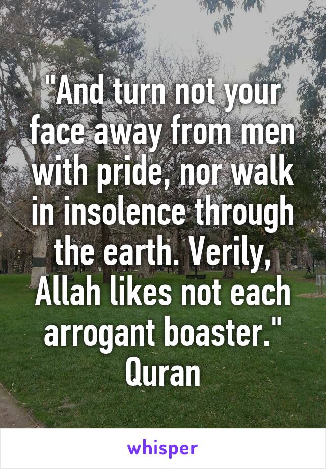 "And turn not your face away from men with pride, nor walk in insolence through the earth. Verily, Allah likes not each arrogant boaster." Quran