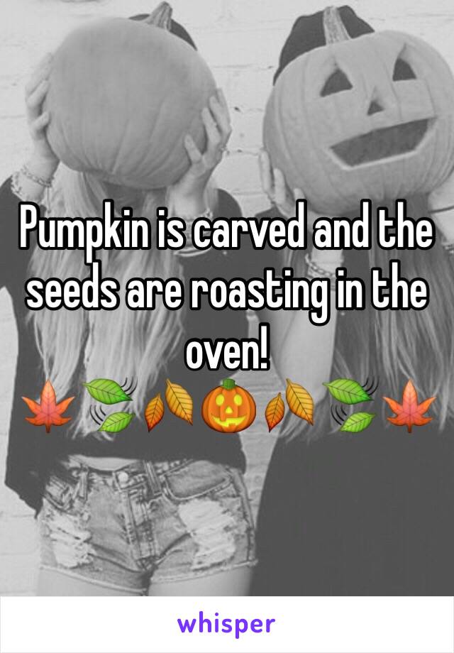 Pumpkin is carved and the seeds are roasting in the oven!  
🍁🍃🍂🎃🍂🍃🍁