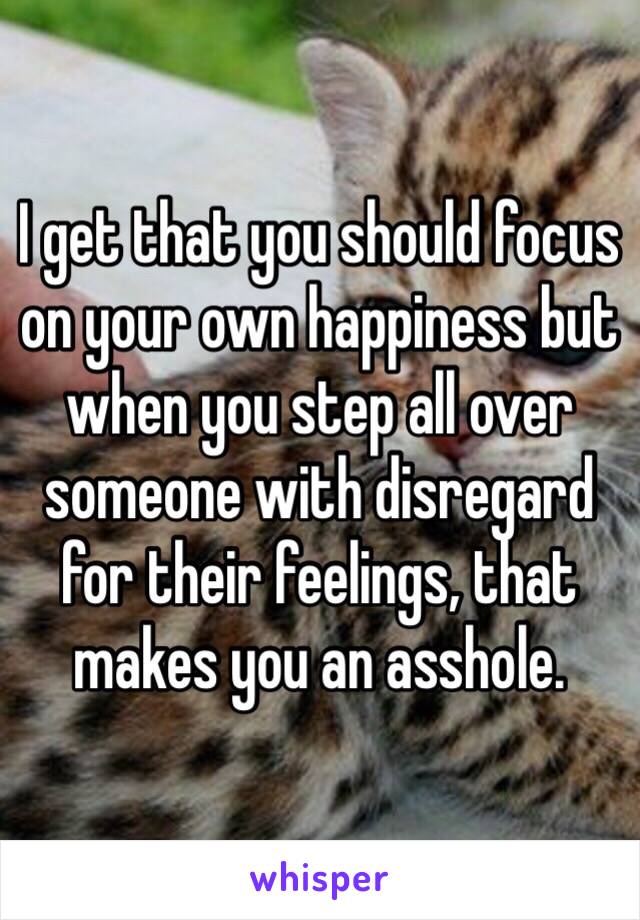 I get that you should focus on your own happiness but when you step all over someone with disregard for their feelings, that makes you an asshole. 