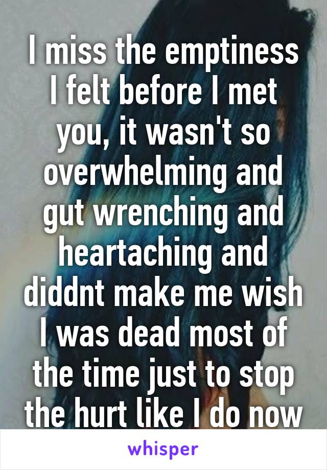 I miss the emptiness I felt before I met you, it wasn't so overwhelming and gut wrenching and heartaching and diddnt make me wish I was dead most of the time just to stop the hurt like I do now