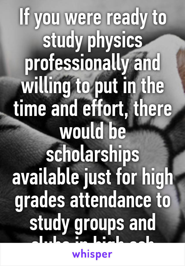 If you were ready to study physics professionally and willing to put in the time and effort, there would be scholarships available just for high grades attendance to study groups and clubs in high sch