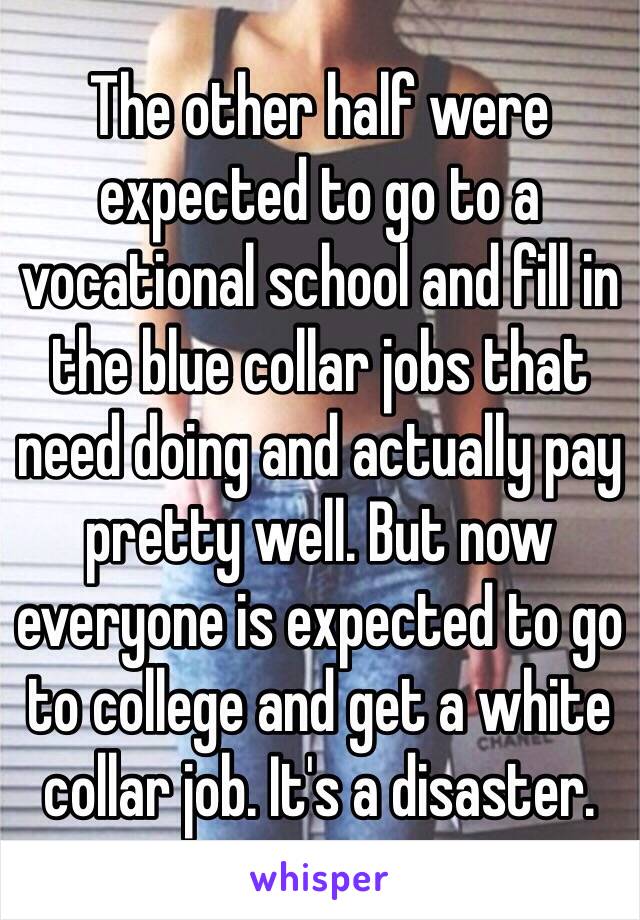 The other half were expected to go to a vocational school and fill in the blue collar jobs that need doing and actually pay pretty well. But now everyone is expected to go to college and get a white collar job. It's a disaster. 