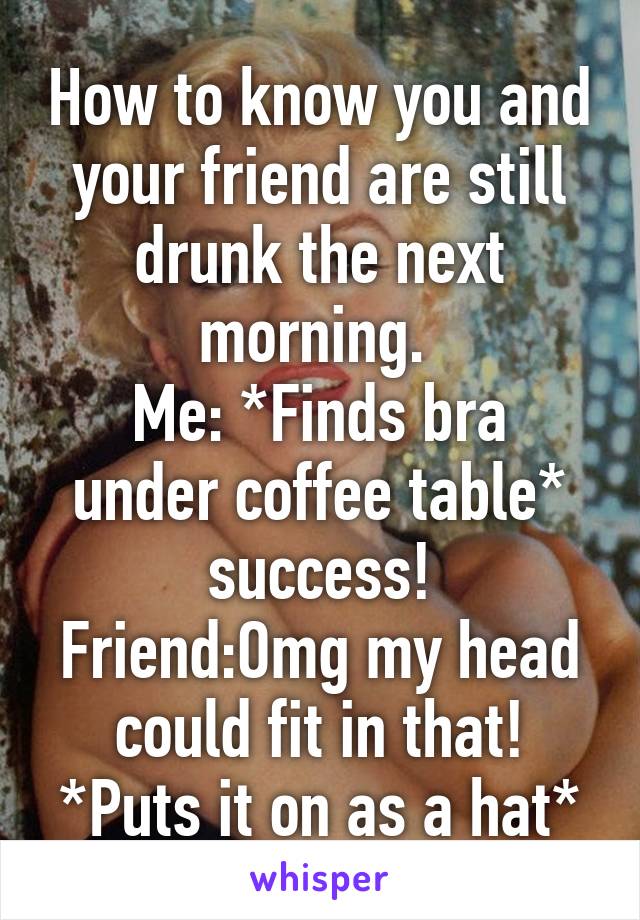 How to know you and your friend are still drunk the next morning. 
Me: *Finds bra under coffee table* success!
Friend:Omg my head could fit in that! *Puts it on as a hat*