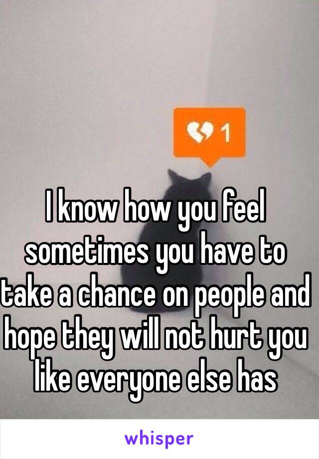 I know how you feel sometimes you have to take a chance on people and hope they will not hurt you like everyone else has 