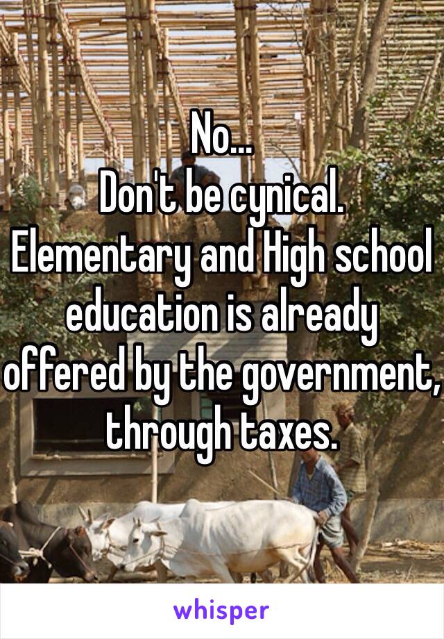 No...
Don't be cynical. 
Elementary and High school education is already offered by the government, through taxes. 