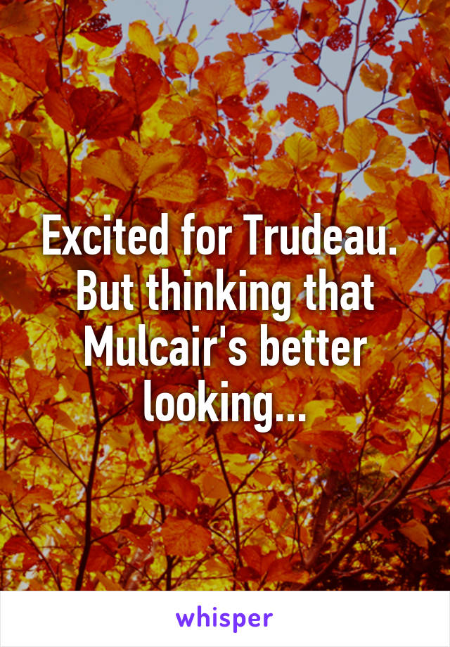 Excited for Trudeau. 
But thinking that Mulcair's better looking...