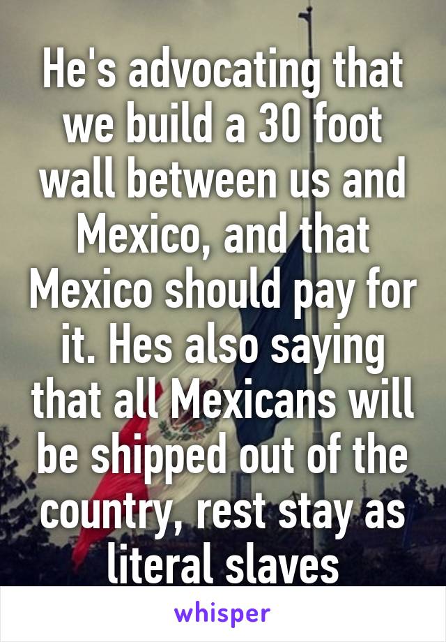 He's advocating that we build a 30 foot wall between us and Mexico, and that Mexico should pay for it. Hes also saying that all Mexicans will be shipped out of the country, rest stay as literal slaves