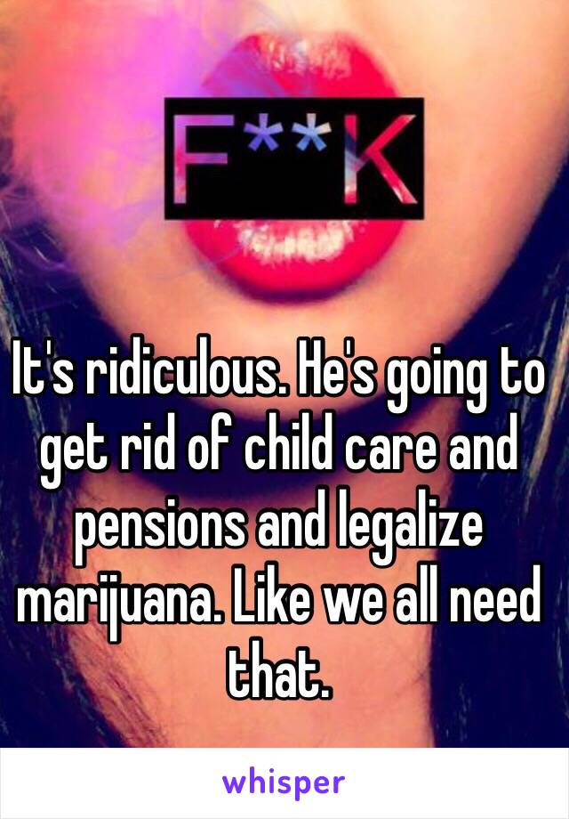 It's ridiculous. He's going to get rid of child care and pensions and legalize marijuana. Like we all need that. 