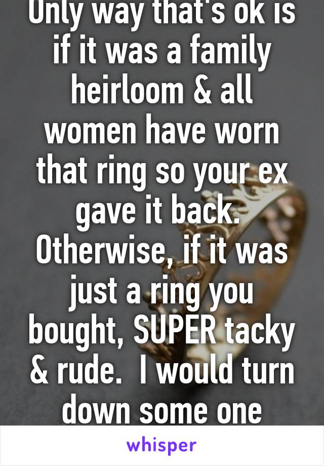 Only way that's ok is if it was a family heirloom & all women have worn that ring so your ex gave it back.  Otherwise, if it was just a ring you bought, SUPER tacky & rude.  I would turn down some one else's ring!