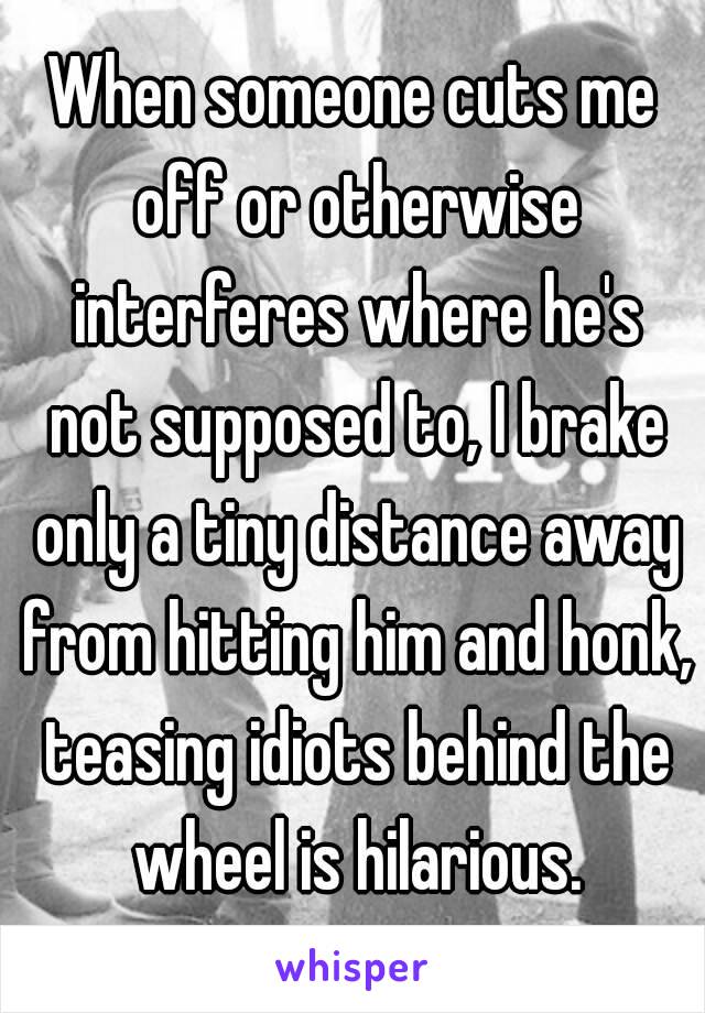 When someone cuts me off or otherwise interferes where he's not supposed to, I brake only a tiny distance away from hitting him and honk, teasing idiots behind the wheel is hilarious.