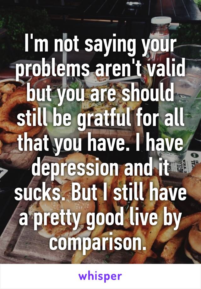 I'm not saying your problems aren't valid but you are should still be gratful for all that you have. I have depression and it sucks. But I still have a pretty good live by comparison. 